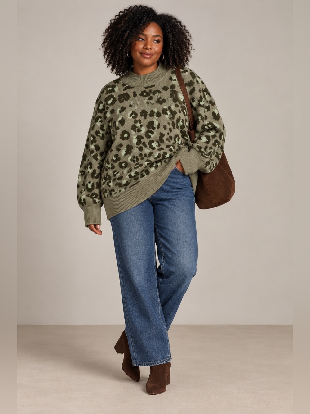 True Craft Leopard Print Mock Neck Sweater 2X Olive Taupe Oversized Cozy